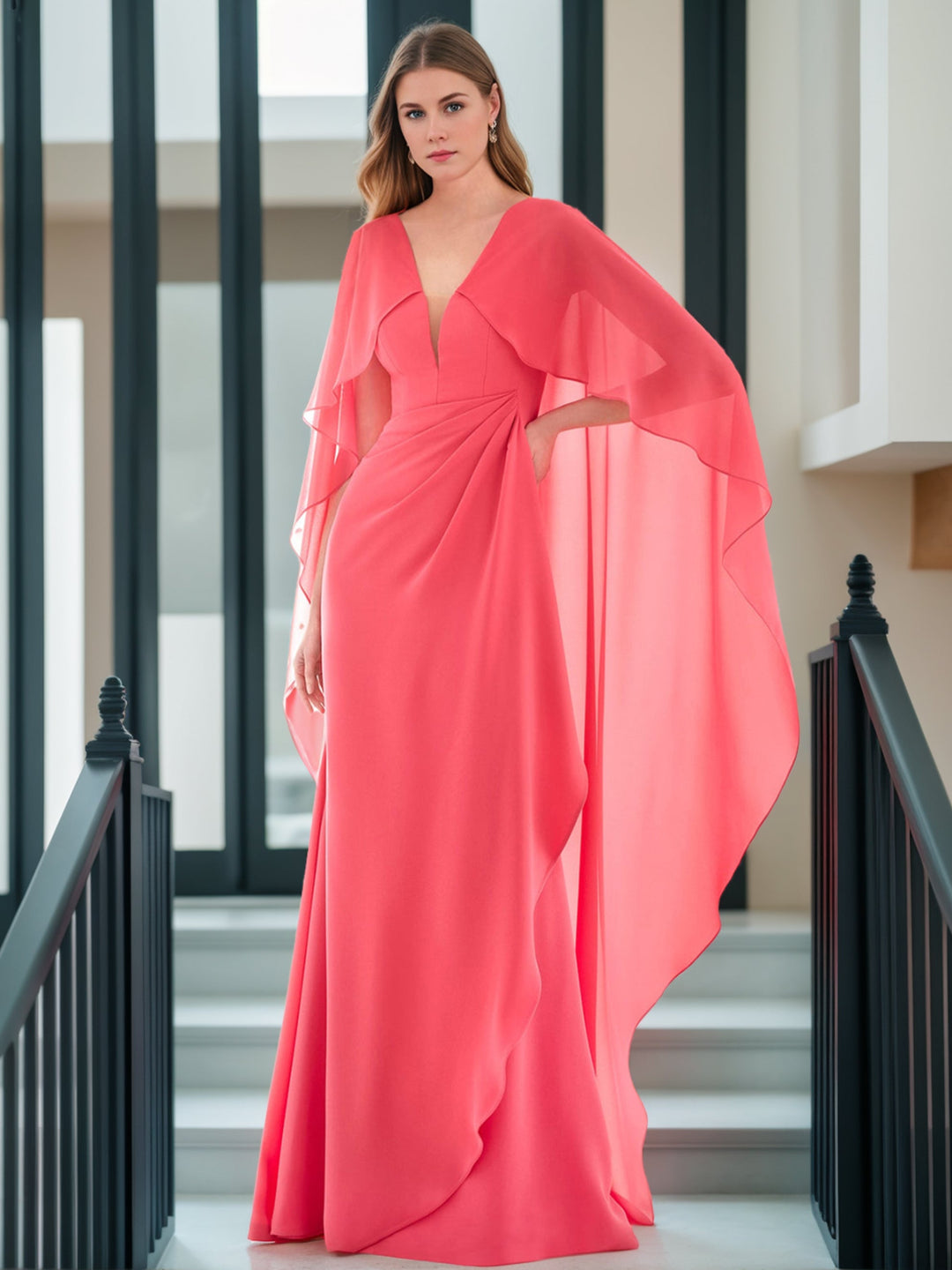 Robe de Soirée Trapèze/Princesse à Col en V et Manches Longues avec Cape