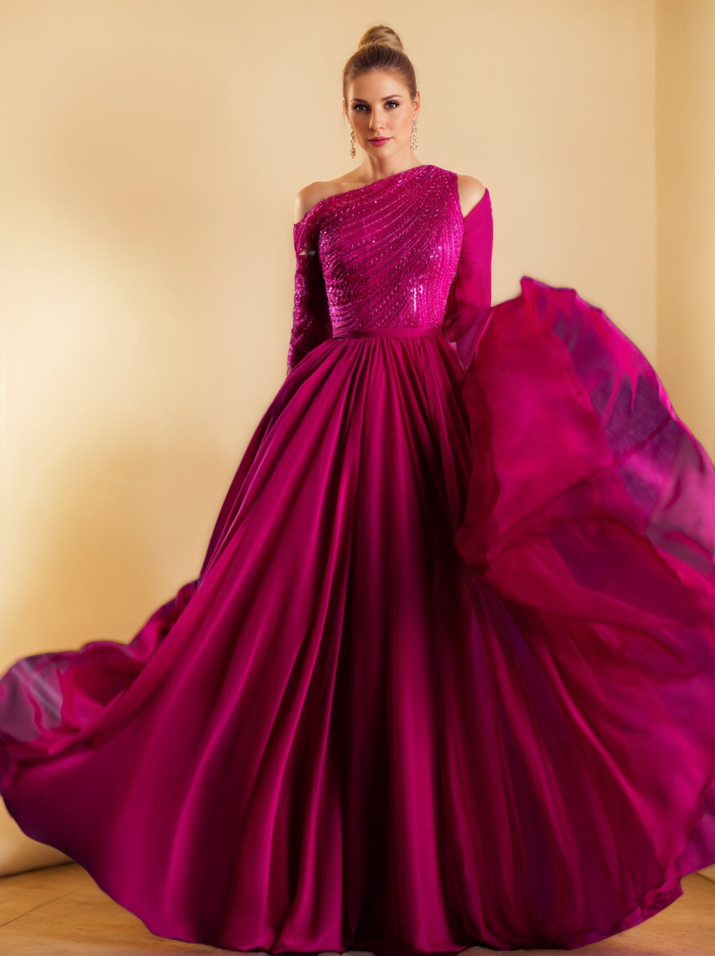 Robe de Soirée Trapèze/Princesse à Épaules Dénudées et Manches Courtes, Longueur Au Sol, avec Broderie