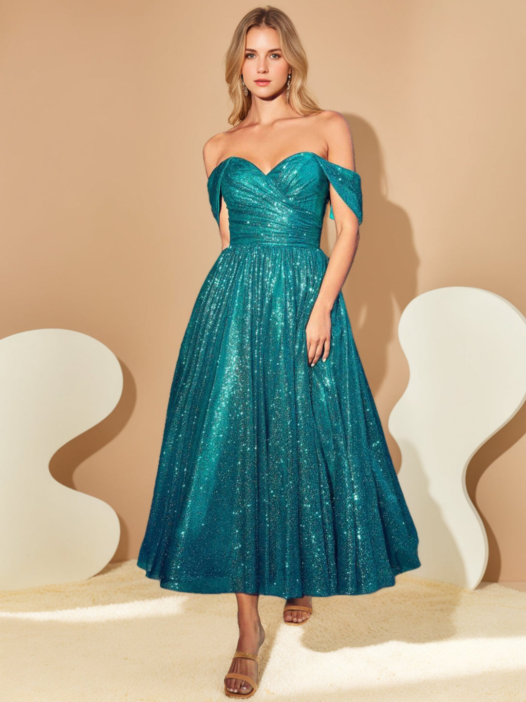 Robe de Cocktail de Bal à Paillettes, Coupe A-Line/Princesse, Décolleté en Cœur, Épaules Dénudées, Sans Manches, Longueur Thé