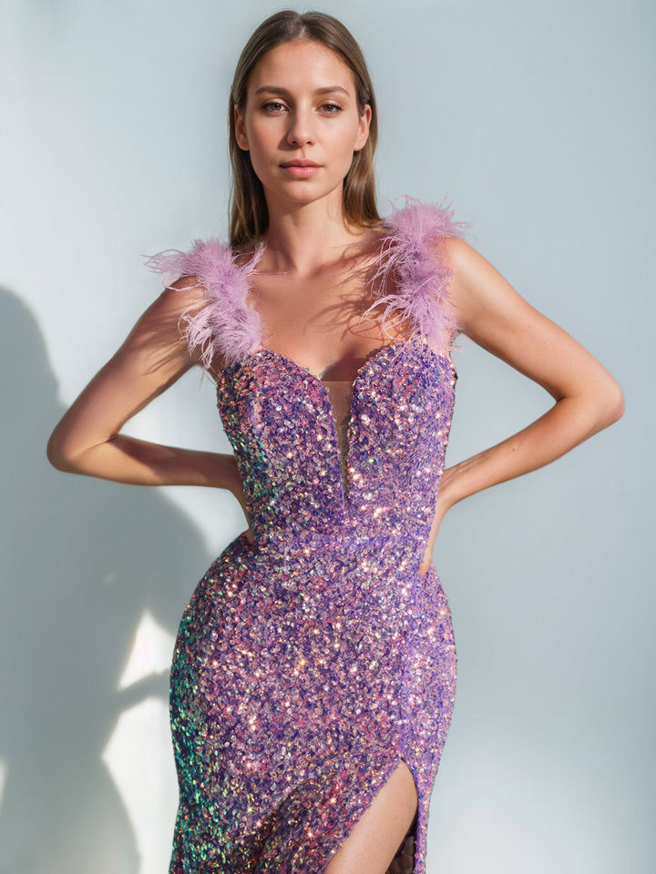 Robe de Soirée Fourreau/Colonne à Col en V Sans Manches, Longueur Au Sol, avec Paillettes et Plumes