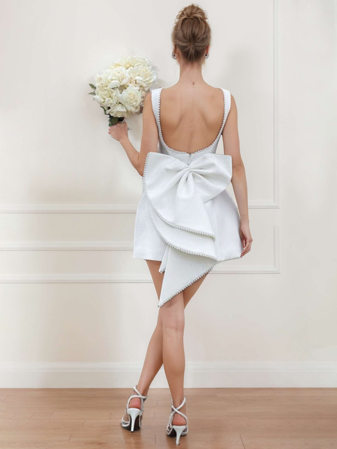 Robe de Cocktail Courte/Mini Sans Manches à Col Bateau et Coupe Princesse avec Nœud Papillon