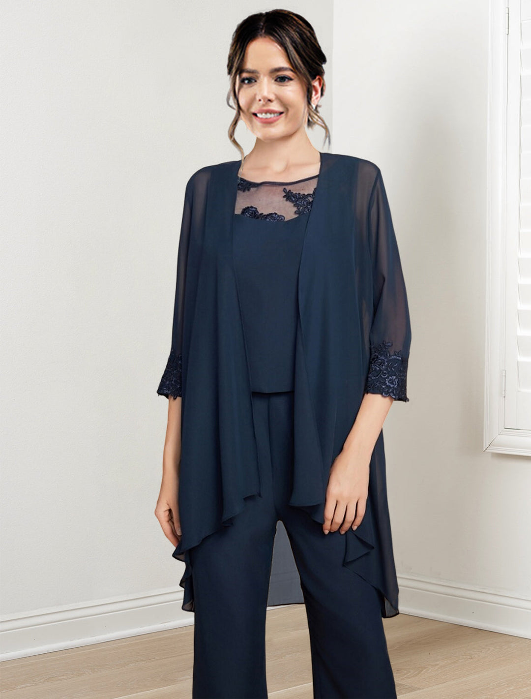 Tailleur-Pantalon en Mousseline de Soie avec Veste pour Mère de la Mariée