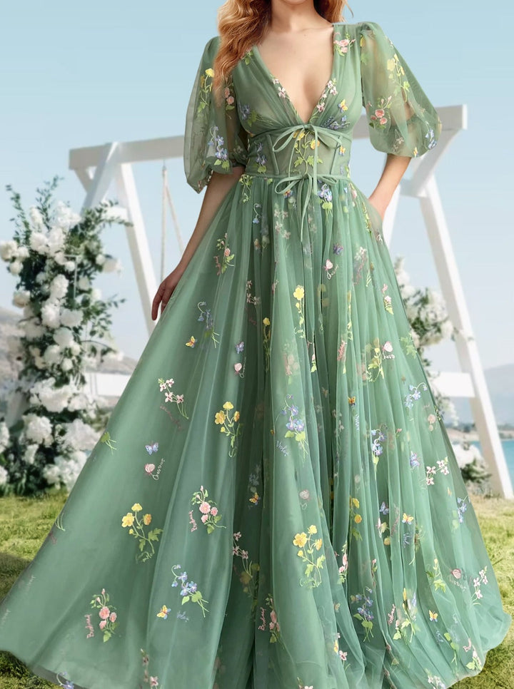 Robe de Bal Longue à Fleurs, Coupe A-Line/Princesse, Col en V, Manches Courtes, Motif Floral