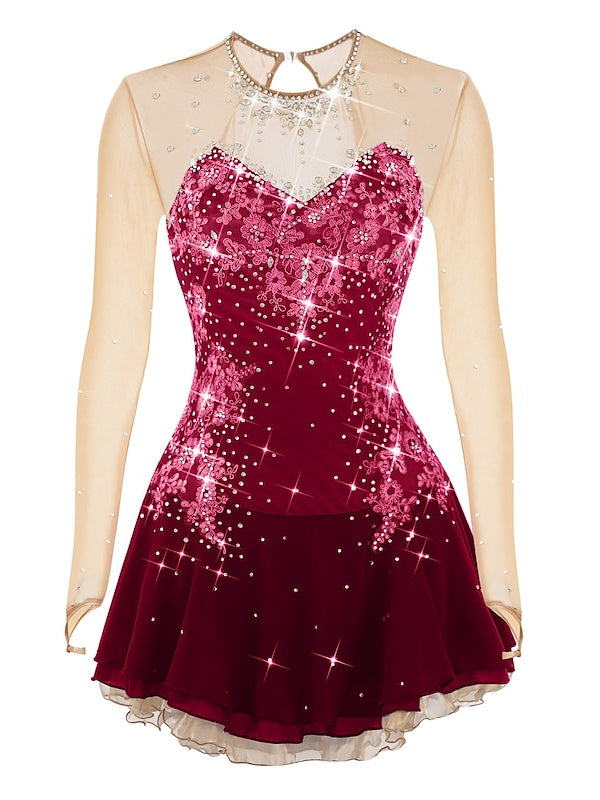 Robe de Patinage Artistique pour Femmes et Filles, en Maille de Glace, en Élasthanne, à Manches Longues, Vêtements de Danse Sur Glace