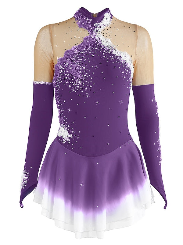 Robe de Patinage Artistique pour Femmes et Filles, en Maille de Glace, en Élasthanne, Haute Élasticité, Manches Longues, Robe de Patinage Sur Glace