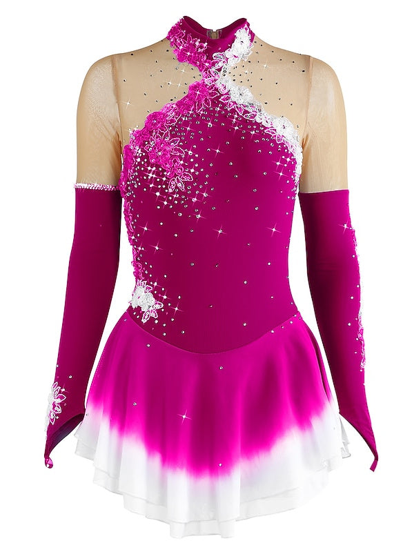 Robe de Patinage Artistique pour Femmes et Filles, en Maille de Glace, en Élasthanne, Haute Élasticité, Manches Longues, Robe de Patinage Sur Glace