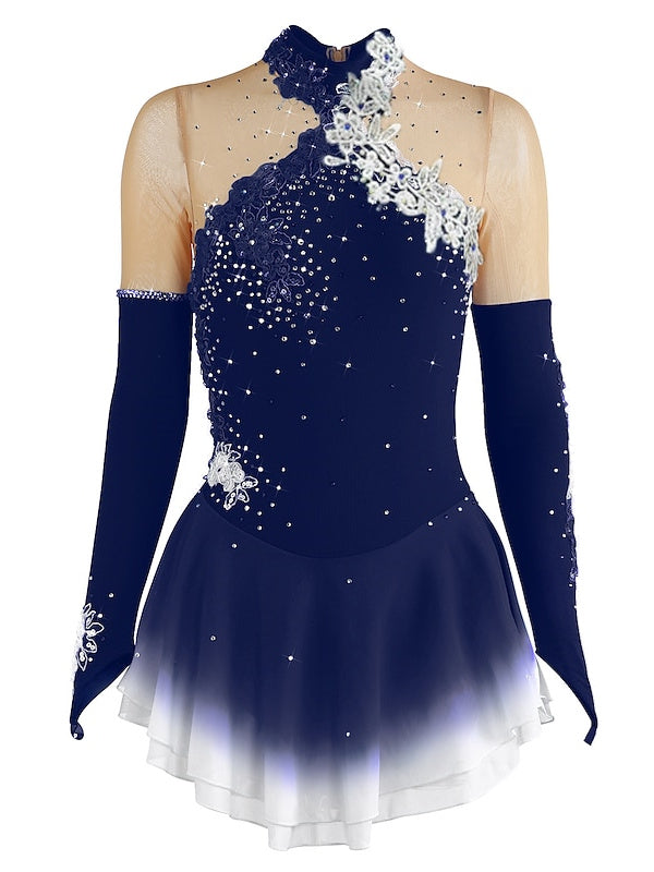 Robe de Patinage Artistique pour Femmes et Filles, en Maille de Glace, en Élasthanne, Haute Élasticité, Manches Longues, Robe de Patinage Sur Glace