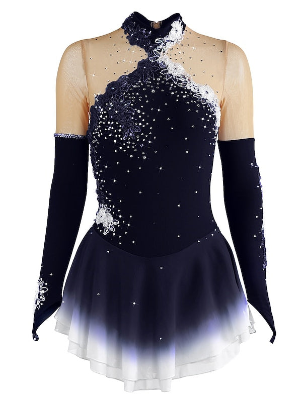 Robe de Patinage Artistique pour Femmes et Filles, en Maille de Glace, en Élasthanne, Haute Élasticité, Manches Longues, Robe de Patinage Sur Glace