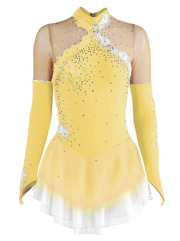 Robe de Patinage Artistique pour Femmes et Filles, en Maille de Glace, en Élasthanne, Haute Élasticité, Manches Longues, Robe de Patinage Sur Glace