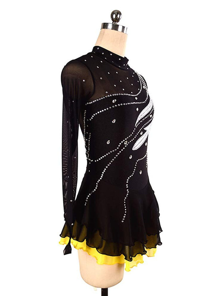 Robe de Patinage Artistique pour Femmes et Filles, Vêtements de Danse, Robe de Patinage Sur Glace Extensible Noire à Manches Longues avec Cristaux/Strass