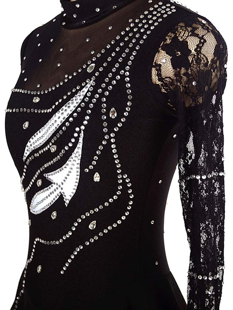 Robe de Patinage Artistique pour Femmes et Filles, Vêtements de Danse, Robe de Patinage Sur Glace Extensible Noire à Manches Longues avec Cristaux/Strass