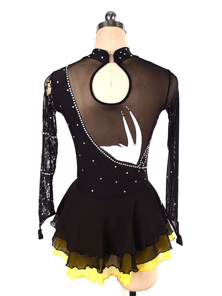 Robe de Patinage Artistique pour Femmes et Filles, Vêtements de Danse, Robe de Patinage Sur Glace Extensible Noire à Manches Longues avec Cristaux/Strass