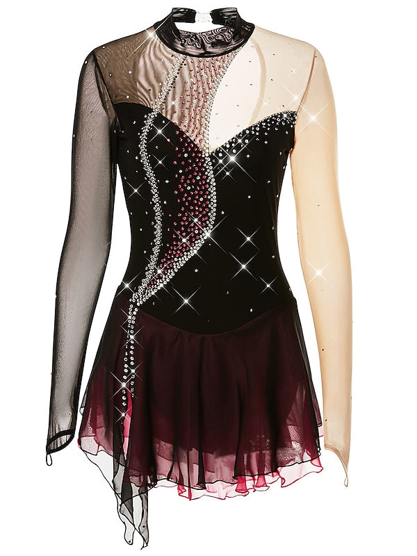 Robe de Patinage Artistique pour Femmes et Filles, Vêtements de Danse, Maille, Élasthanne, Cristal/Strass