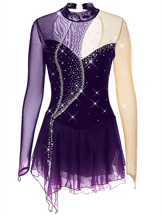 Robe de Patinage Artistique pour Femmes et Filles, Vêtements de Danse, Maille, Élasthanne, Cristal/Strass