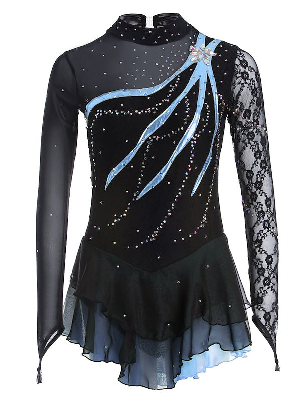 Robe de Patinage Artistique pour Femmes et Filles, Vêtements de Danse Sur Glace, Robe de Patinage Sur Glace à Manches Longues en Dentelle et Élasthanne