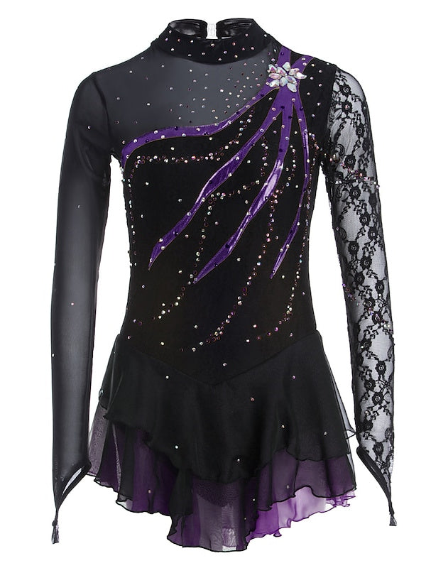 Robe de Patinage Artistique pour Femmes et Filles, Vêtements de Danse Sur Glace, Robe de Patinage Sur Glace à Manches Longues en Dentelle et Élasthanne