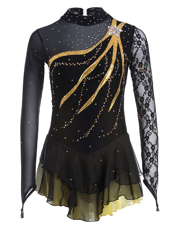 Robe de Patinage Artistique pour Femmes et Filles, Vêtements de Danse Sur Glace, Robe de Patinage Sur Glace à Manches Longues en Dentelle et Élasthanne
