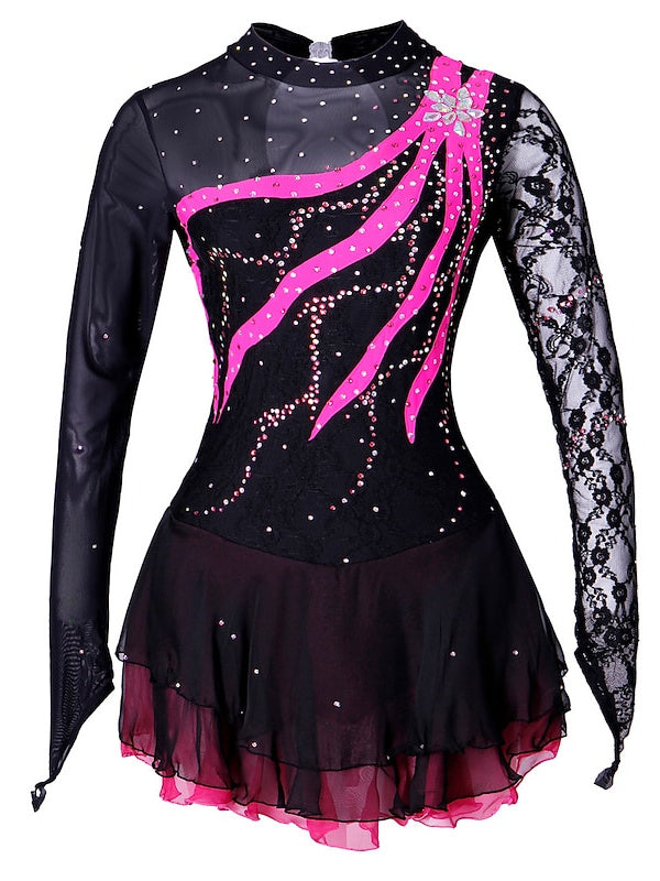 Robe de Patinage Artistique pour Femmes et Filles, Vêtements de Danse Sur Glace, Robe de Patinage Sur Glace à Manches Longues en Dentelle et Élasthanne