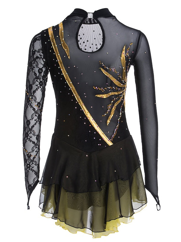 Robe de Patinage Artistique pour Femmes et Filles, Vêtements de Danse Sur Glace, Robe de Patinage Sur Glace à Manches Longues en Dentelle et Élasthanne