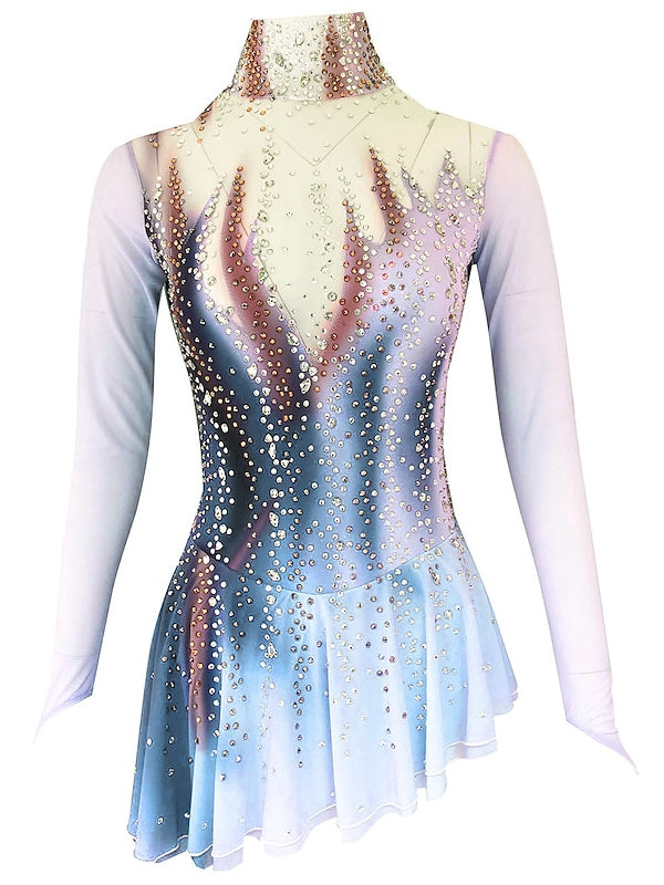 Robe de Patinage Artistique pour Femmes et Filles, Vêtements de Danse, Robe de Patinage Sur Glace en Élasthanne Micro-Élastique avec Cristaux/Strass