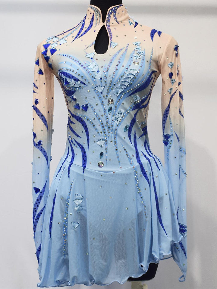 Robe de Patinage Artistique pour Femmes et Filles, en Maille de Glace, en Élasthanne, Haute Élasticité, Manches Longues, Robe de Patinage Sur Glace