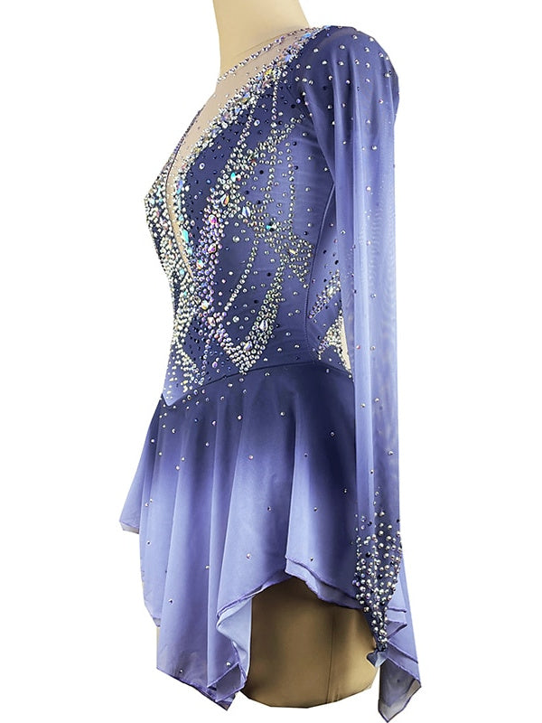 Robe de Patinage Artistique pour Femmes et Filles, Robe de Patinage Sur Glace en Maille Élasthanne à Haute Élasticité, Patchwork de Cristaux/Strass