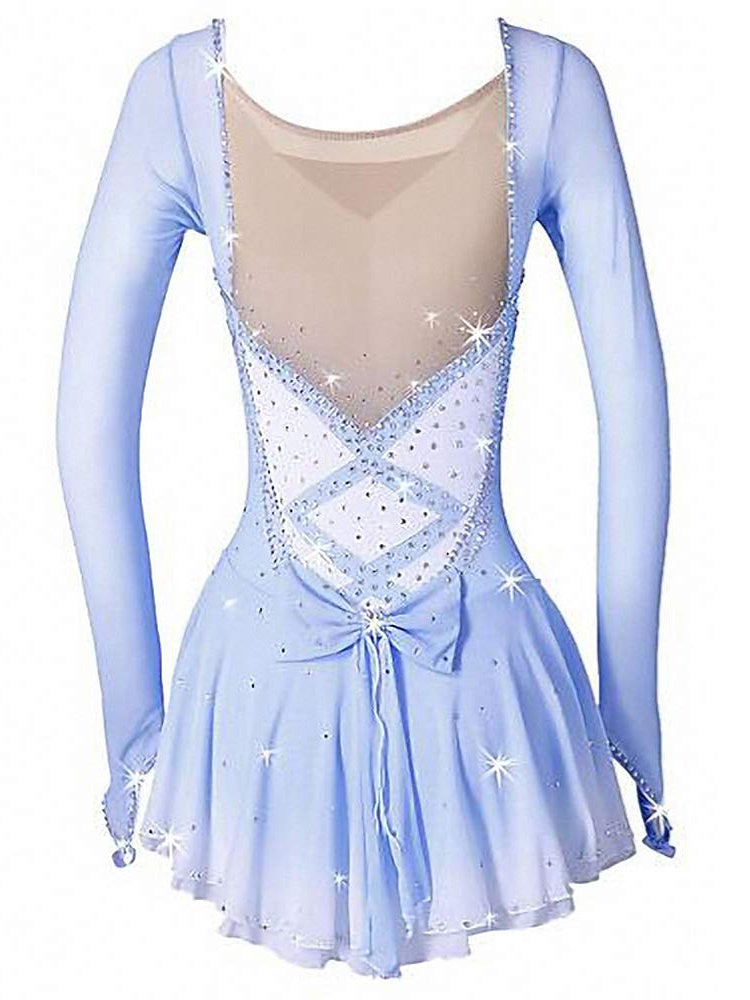 Robe de Patinage Artistique pour Femmes et Filles, Vêtements de Danse Sur Glace, Robe de Patinage Sur Glace Extensible à Manches Longues avec Cristaux/Strass