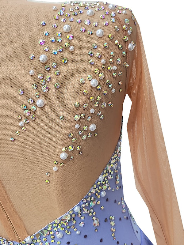 Robe de Patinage Artistique pour Femmes et Filles, Vêtements de Danse, Trou pour le Pouce, Haute Élasticité, Cristal/Strass, Manches Longues, Robe de Patinage Sur Glace