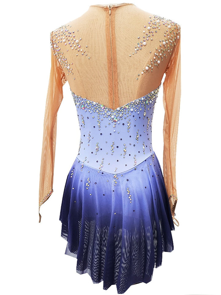 Robe de Patinage Artistique pour Femmes et Filles, Vêtements de Danse, Trou pour le Pouce, Haute Élasticité, Cristal/Strass, Manches Longues, Robe de Patinage Sur Glace