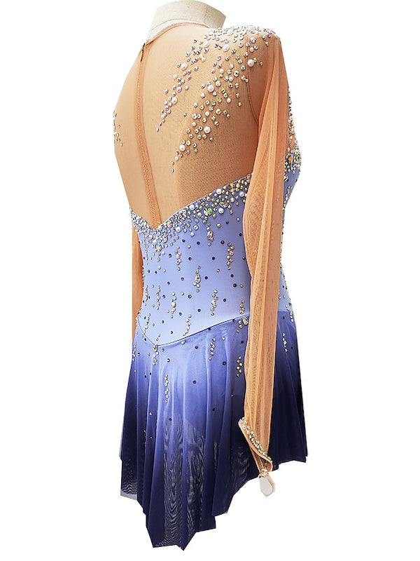 Robe de Patinage Artistique pour Femmes et Filles, Vêtements de Danse, Trou pour le Pouce, Haute Élasticité, Cristal/Strass, Manches Longues, Robe de Patinage Sur Glace