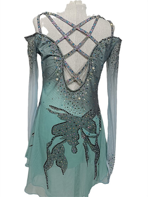 Robe de Patinage Artistique pour Femmes et Filles, Vêtements de Danse, Patchwork, Trou pour le Pouce, Maille, Élasthanne, Extensible, Cristal/Strass