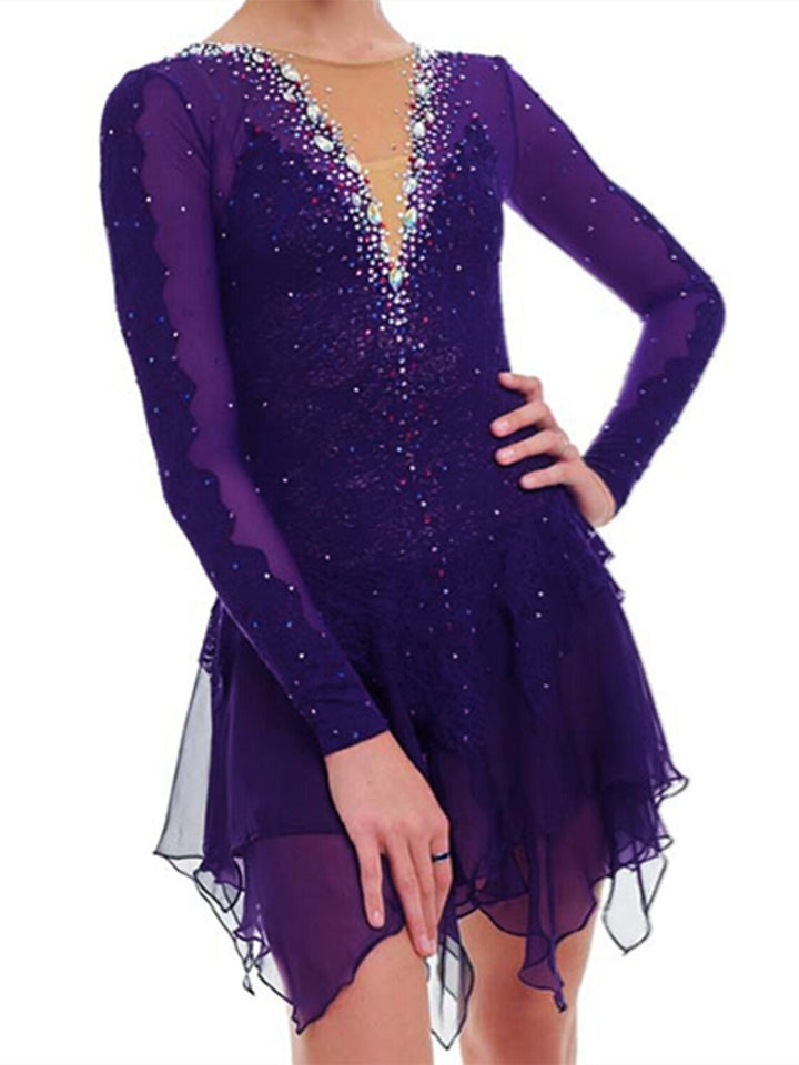 Robe de Patinage Artistique pour Femmes et Filles, en Maille de Glace, Élasthanne, Haute Élasticité, Cristal/Strass, Manches Longues, Robe de Patinage Sur Glace
