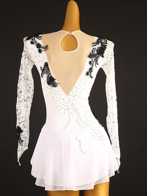 Robe de Patinage Artistique pour Femmes et Filles, Patchwork de Glace, Maille, Élasthanne, Dentelle, Haute Élasticité, Manches Longues, Robe de Patinage Sur Glace