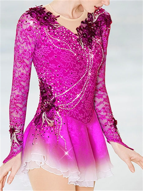 Robe de Patinage Artistique pour Femmes et Filles, Patchwork de Glace, Maille, Élasthanne, Dentelle, Haute Élasticité, Manches Longues, Robe de Patinage Sur Glace