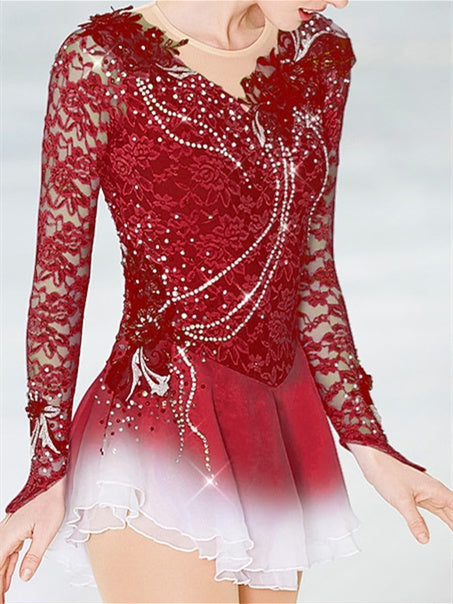 Robe de Patinage Artistique pour Femmes et Filles, Patchwork de Glace, Maille, Élasthanne, Dentelle, Haute Élasticité, Manches Longues, Robe de Patinage Sur Glace