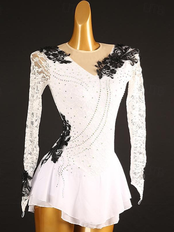 Robe de Patinage Artistique pour Femmes et Filles, Patchwork de Glace, Maille, Élasthanne, Dentelle, Haute Élasticité, Manches Longues, Robe de Patinage Sur Glace