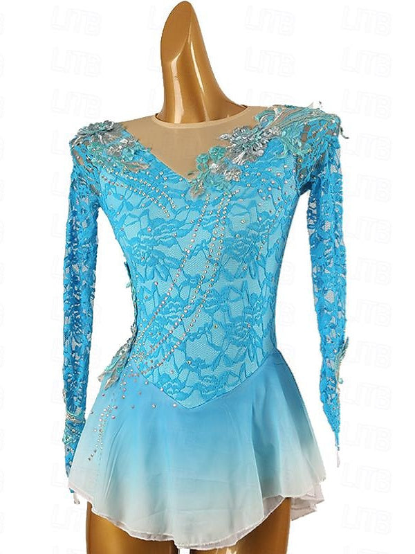 Robe de Patinage Artistique pour Femmes et Filles, Patchwork de Glace, Maille, Élasthanne, Dentelle, Haute Élasticité, Manches Longues, Robe de Patinage Sur Glace