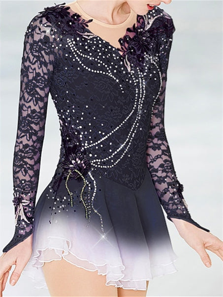 Robe de Patinage Artistique pour Femmes et Filles, Patchwork de Glace, Maille, Élasthanne, Dentelle, Haute Élasticité, Manches Longues, Robe de Patinage Sur Glace