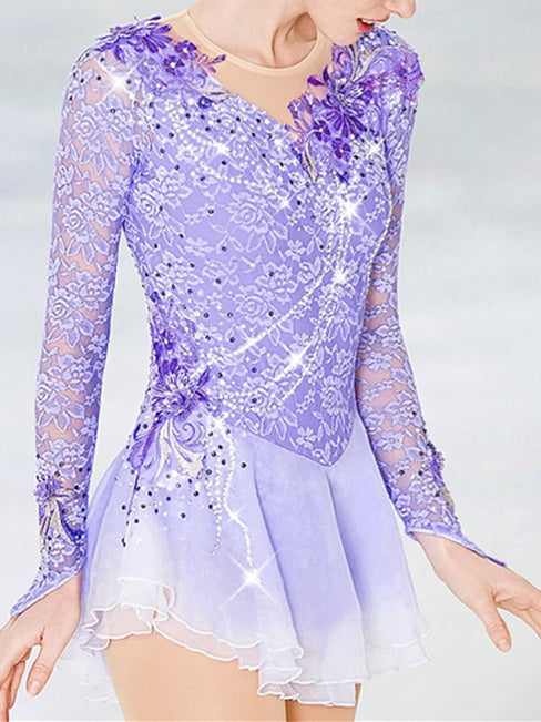 Robe de Patinage Artistique pour Femmes et Filles, Patchwork de Glace, Maille, Élasthanne, Dentelle, Haute Élasticité, Manches Longues, Robe de Patinage Sur Glace