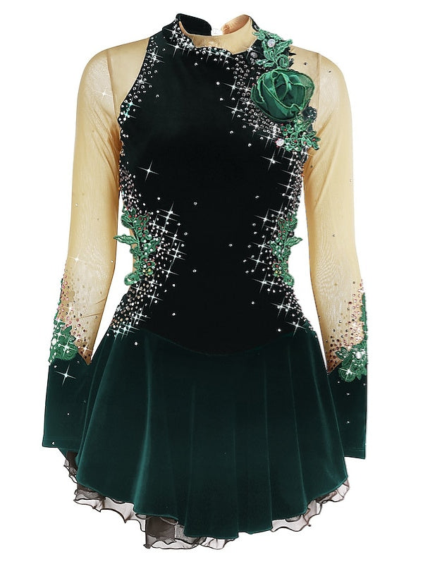 Robe de Patinage Artistique pour Femmes et Filles, Vêtements de Danse Sur Glace, Maille, Élasthanne, Velours, Haute Élasticité, Strass, Robe de Patinage Sur Glace