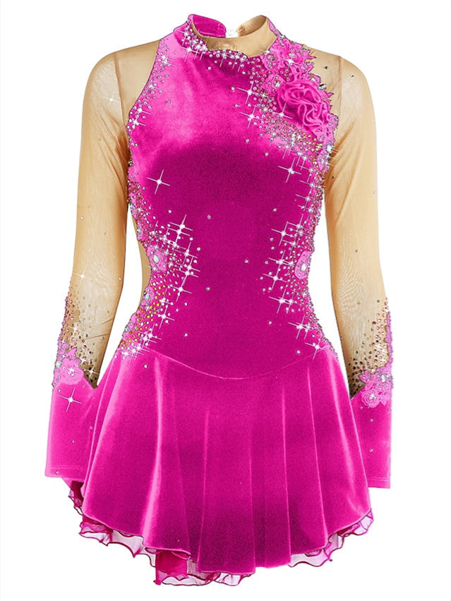 Robe de Patinage Artistique pour Femmes et Filles, Vêtements de Danse Sur Glace, Maille, Élasthanne, Velours, Haute Élasticité, Strass, Robe de Patinage Sur Glace