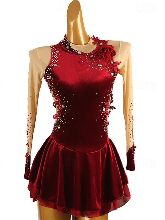 Robe de Patinage Artistique pour Femmes et Filles, Vêtements de Danse Sur Glace, Maille, Élasthanne, Velours, Haute Élasticité, Strass, Robe de Patinage Sur Glace