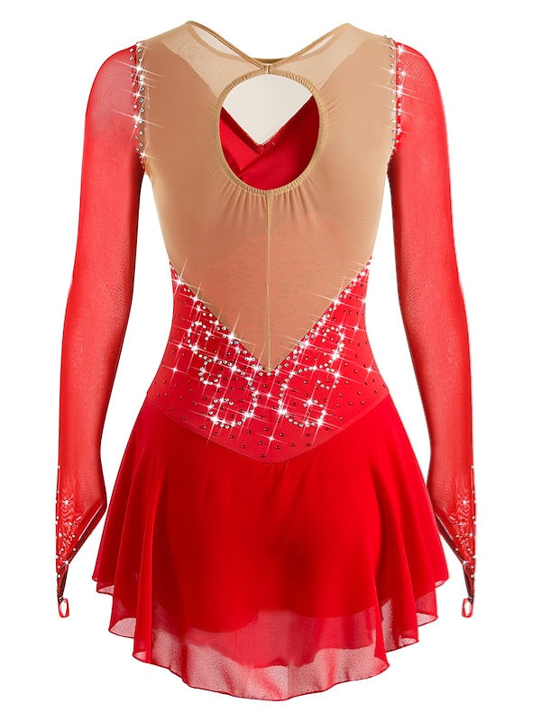 Robe de Patinage Artistique pour Femmes et Filles, en Maille de Glace, Élasthanne, Haute Élasticité, Strass, Manches Longues, Robe de Patinage Sur Glace