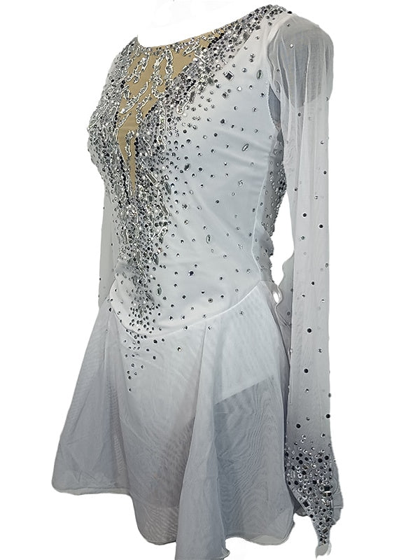 Robe de Patinage Artistique pour Femmes et Filles, Vêtements de Danse, Maille, Élasthanne, Patchwork, Trou pour le Pouce, Extensible, Cristal/Strass