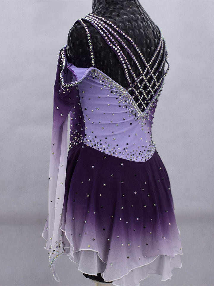 Robe de Patinage Artistique pour Femmes et Filles, Vêtements de Danse Sur Glace, Maille Élasthanne, Haute Élasticité, Dégradé de Couleurs, Cristal/Strass