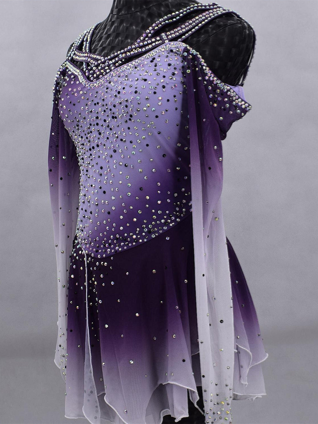 Robe de Patinage Artistique pour Femmes et Filles, Vêtements de Danse Sur Glace, Maille Élasthanne, Haute Élasticité, Dégradé de Couleurs, Cristal/Strass