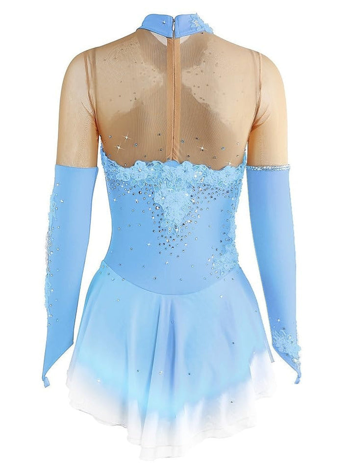 Robe de Patinage Artistique pour Femmes et Filles, Vêtements de Danse Sur Glace, Robe de Patinage Sur Glace Extensible à Manches Longues avec Cristaux/Strass