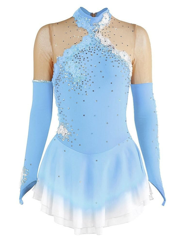 Robe de Patinage Artistique pour Femmes et Filles, Vêtements de Danse Sur Glace, Robe de Patinage Sur Glace Extensible à Manches Longues avec Cristaux/Strass