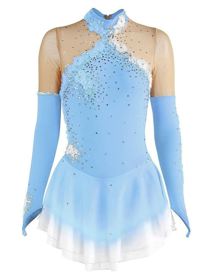 Robe de Patinage Artistique pour Femmes et Filles, Vêtements de Danse Sur Glace, Robe de Patinage Sur Glace Extensible à Manches Longues avec Cristaux/Strass