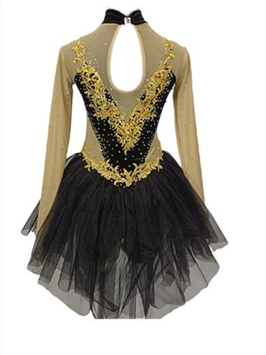 Robe de Patinage Artistique pour Femmes et Filles, Ourlet Asymétrique, Maille Élasthanne, Extensible, Cristal/Strass, Manches Longues, Robe de Patinage Sur Glace